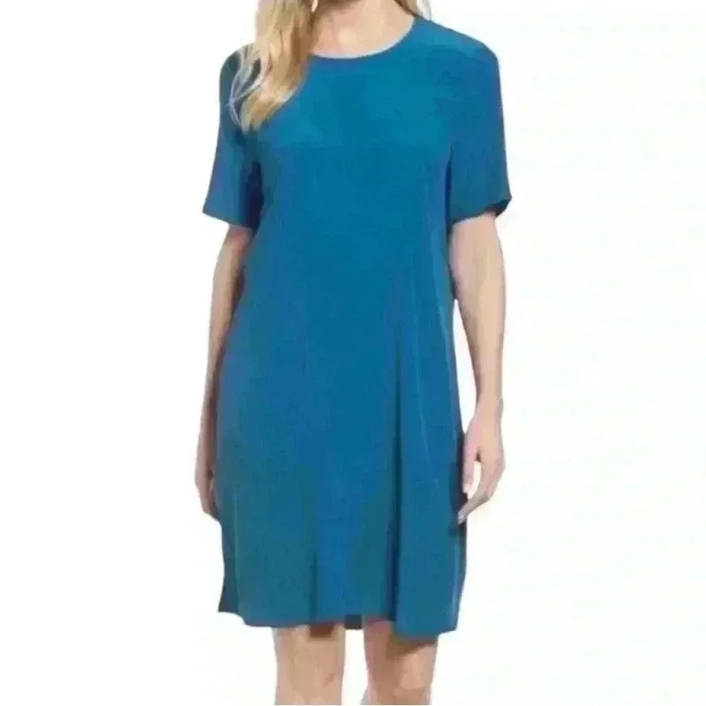 Eileen Fisher Nile Teal Blue Crepe Round Neck Short Sleeve Shift Dress Small